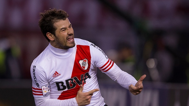 Argentina's River Plate forward Rodrigo Mora celebrates after scoring the team's second goal against Paraguay's Guarani during their Libertadores Cup semifinal first leg football match at the Monumental Antonio Vespucio Liberti stadium in Buenos Aires, on July 14,  2015.   AFP PHOTO / ALEJANDRO PAGNI