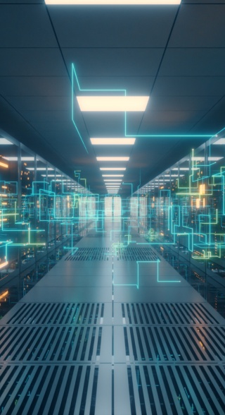 Digital information travels through fiber optic cables through the network and data servers behind glass panels in the server room of the data center. High speed digital lines 3d illustration