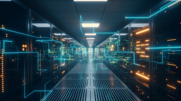 Digital information travels through fiber optic cables through the network and data servers behind glass panels in the server room of the data center. High speed digital lines 3d illustration